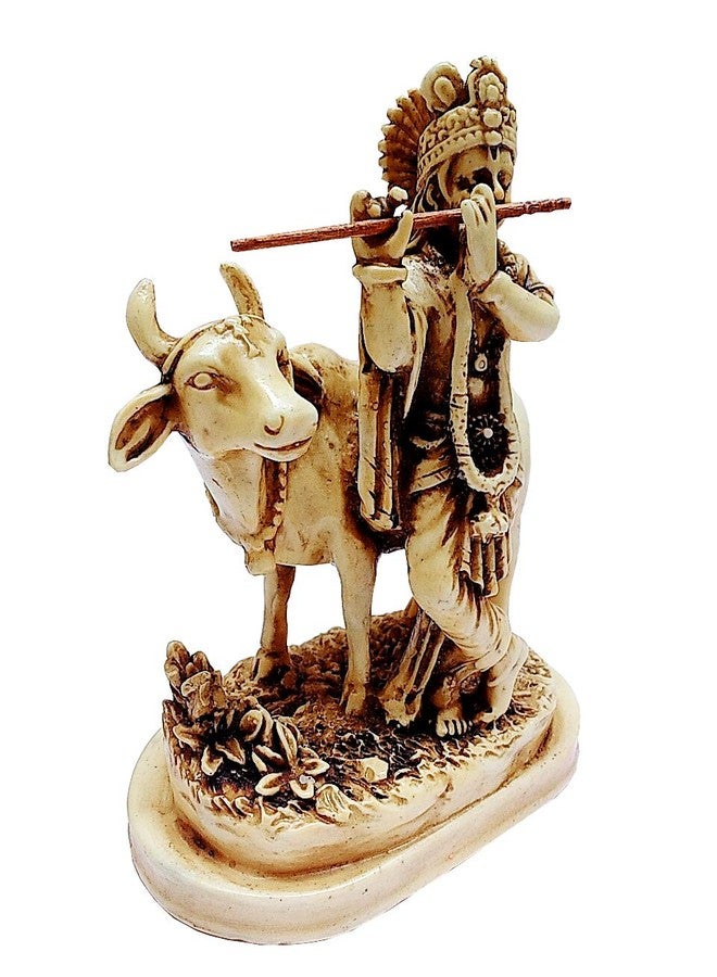 Purpledip Resin Idol Lord Krishna with Cow: Stone Finish Statue for Home Temple (11645) - Image 2